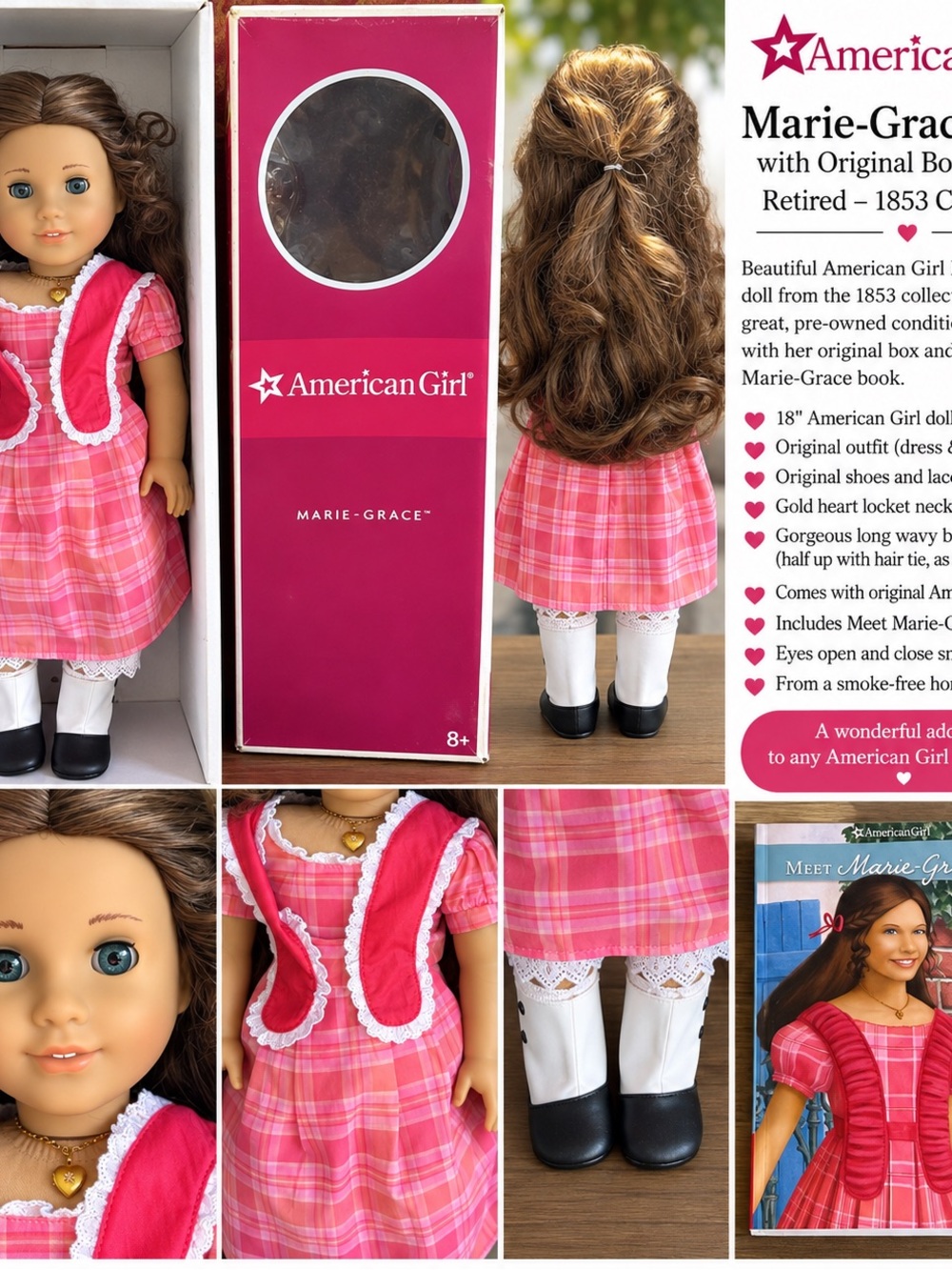 American Girl Marie-Grace Doll in Pink Plaid Dress with Gold Locket